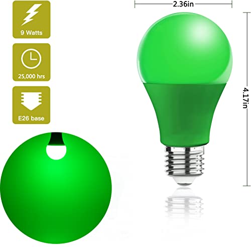 4 Pack LED Green Light Bulbs - A19 9Watts with E26 Base 60w Equivalent LED Green Bulb for Wedding Halloween Christmas Party Bar Decor, Porch, Home/Holiday Lighting, Decorative Illumination Green Bulb