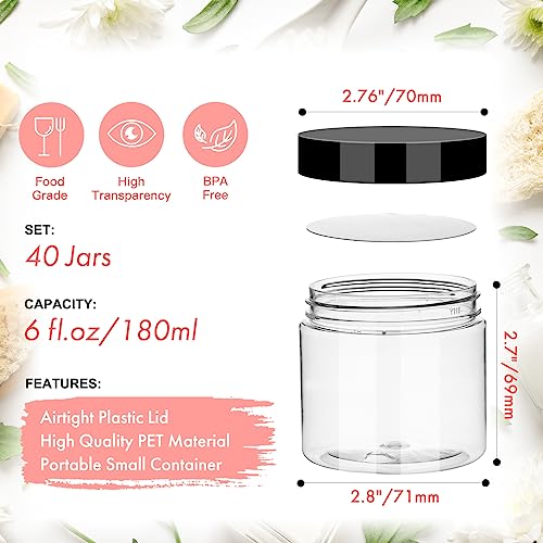 Plastic Containers with Lids 6oz 40Pack, Jaisie.W Empty 6 oz Small Containers with Lids&Labels- Refillable Plastic Jars with Lids -Sugars Scrub Jars/Slime Containers (6 fl.oz, 40Pack)
