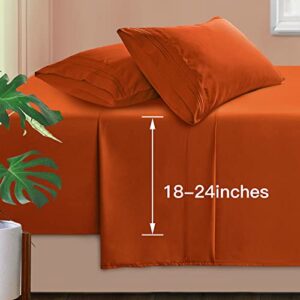 manyshofu extra deep pocket king size sheets - hotel luxury 1800 thread count sheets & pillowcases - microfiber bedding set up to 24" mattress - burnt orange bed sheets 18-24 inch deep pockets - 4pcs