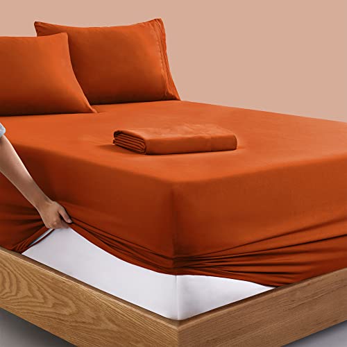 Manyshofu Extra Deep Pocket King Size Sheets - Hotel Luxury 1800 Thread Count Sheets & Pillowcases - Microfiber Bedding Set up to 24" Mattress - Burnt Orange Bed Sheets 18-24 Inch Deep Pockets - 4Pcs