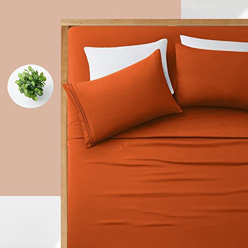 Manyshofu Extra Deep Pocket King Size Sheets - Hotel Luxury 1800 Thread Count Sheets & Pillowcases - Microfiber Bedding Set up to 24" Mattress - Burnt Orange Bed Sheets 18-24 Inch Deep Pockets - 4Pcs