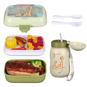 bento box adults lunch box, bento box for kids, durable for on-the-go meal, 2 tiers all-in-one food containers with 3 compartments, spoon, fork and water bottle, food-safe (green)