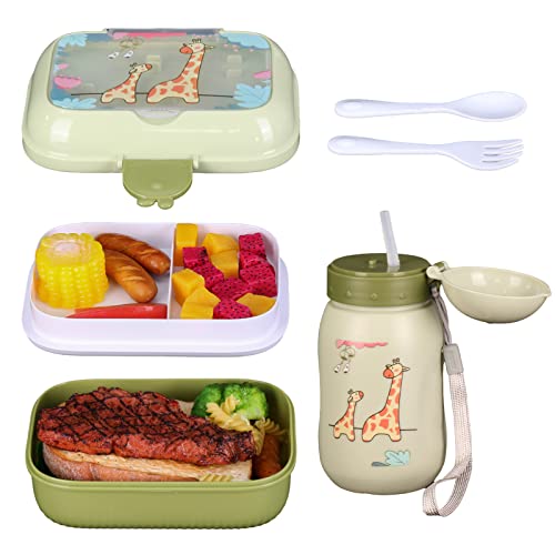 Bento Box Adults Lunch Box, Bento Box for Kids, Durable for On-the-Go Meal, 2 Tiers All-In-One Food Containers with 3 Compartments, Spoon, Fork and Water Bottle, Food-Safe (Green)