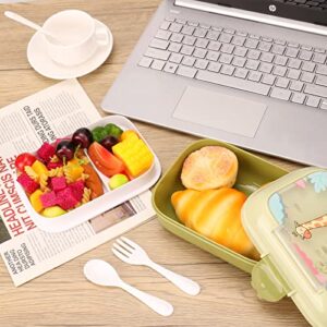 Bento Box Adults Lunch Box, Bento Box for Kids, Durable for On-the-Go Meal, 2 Tiers All-In-One Food Containers with 3 Compartments, Spoon, Fork and Water Bottle, Food-Safe (Green)