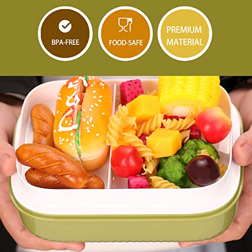 Bento Box Adults Lunch Box, Bento Box for Kids, Durable for On-the-Go Meal, 2 Tiers All-In-One Food Containers with 3 Compartments, Spoon, Fork and Water Bottle, Food-Safe (Green)