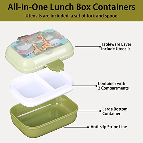 Bento Box Adults Lunch Box, Bento Box for Kids, Durable for On-the-Go Meal, 2 Tiers All-In-One Food Containers with 3 Compartments, Spoon, Fork and Water Bottle, Food-Safe (Green)