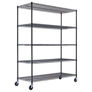 60" x 24" x 72" black 5-tier wire shelving nsf 3000 lbs max capacity heavy duty steel storage rack for restaurant, warehouse, commercial, industrial, and hospital uses (includes casters)