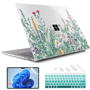twolskoo case for 13.5" microsoft surface laptop 5/4/3 with alcantara palm rest model 1958/1950, plastic hard shell case with screen protector + keyboard cover + dust plug, botanical illustration
