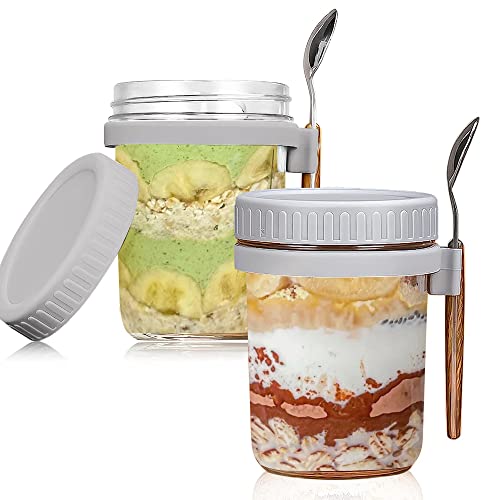 Suli Overnight Oats Container with Lid and Spoon, Recipe, 16 oz Glass Overnight Oats Jars, Wide Mouth Airtight Mason Jars, Milk Vegetable and Fruit Salad Storage with Measurement Marks (Grey)