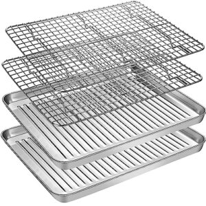 baking sheet tray with cooling rack set (2 pans + 2 racks), stainless steel cookie pan with cooling rack for oven, nonstick baking pan, warp resistant & heavy duty & rust free, size 16 x 12 x 1 inches