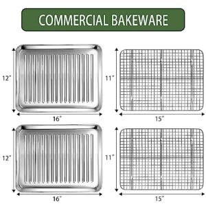 Baking Sheet Tray with Cooling Rack Set (2 Pans + 2 Racks), Stainless Steel Cookie Pan with Cooling Rack For Oven, Nonstick Baking Pan, Warp Resistant & Heavy Duty & Rust Free, Size 16 x 12 x 1 Inches