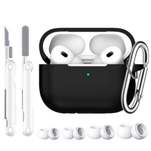 r-fun airpods pro 2nd/1st generation case cover with cleaning kit and 4 pairs replacement ear tips(xs/s/m/l), full protective silicone for apple airpods pro 2022/2019 charging case - black