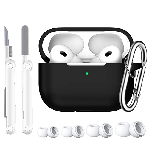 R-fun AirPods Pro 2nd/1st Generation Case Cover with Cleaning kit and 4 Pairs Replacement Ear Tips(XS/S/M/L), Full Protective Silicone for Apple AirPods Pro 2022/2019 Charging Case - Black