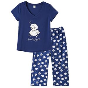 yijiu women's v-neck sleepwear cute short sleeves top with capri pants pajama set 2 piece pjs sets,blue sheep,xl