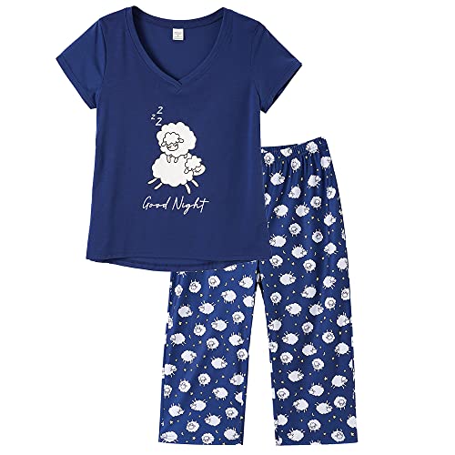 YIJIU Women's V-Neck Sleepwear Cute Short Sleeves Top with Capri Pants Pajama Set 2 Piece Pjs Sets,Blue Sheep,XL