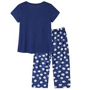 YIJIU Women's V-Neck Sleepwear Cute Short Sleeves Top with Capri Pants Pajama Set 2 Piece Pjs Sets,Blue Sheep,XL