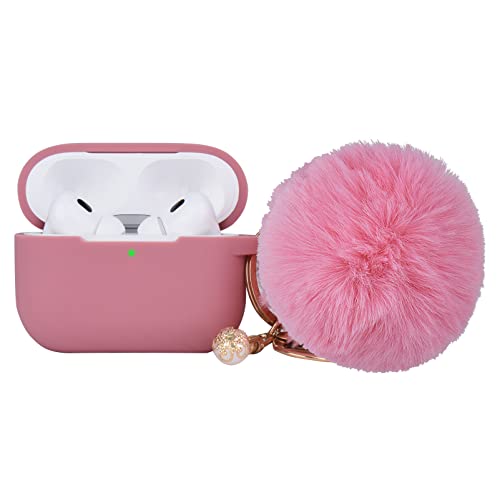 Pink Cute Case for AirPods Pro 2nd/1st Generation Cover with Pom pom, Full Protective Liquid Silicone Case for Women Men, Compatible with AirPods Pro 2022/2019, Accessories Keychain and Pom pom