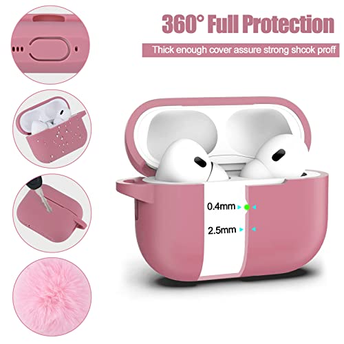 Pink Cute Case for AirPods Pro 2nd/1st Generation Cover with Pom pom, Full Protective Liquid Silicone Case for Women Men, Compatible with AirPods Pro 2022/2019, Accessories Keychain and Pom pom