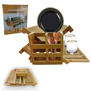 collapsible bamboo dish drying rack with utensil holder - convenient kitchen storage solution for dish drainer and messy countertops