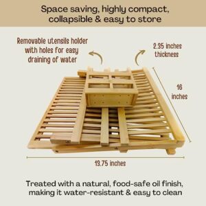 Collapsible Bamboo Dish Drying Rack with Utensil Holder - Convenient Kitchen Storage Solution for Dish Drainer and Messy Countertops