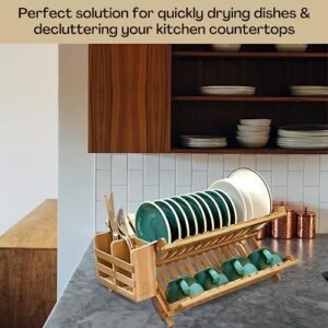 Collapsible Bamboo Dish Drying Rack with Utensil Holder - Convenient Kitchen Storage Solution for Dish Drainer and Messy Countertops