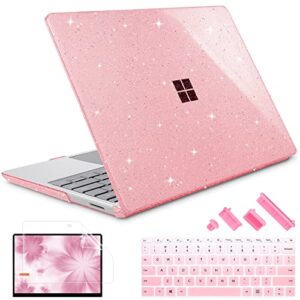 may chen compatible with 12.4 inch microsoft surface laptop go 2 models: 1943 2013, release 2022 fashion plastic hard shell case with screen protector + keyboard cover + dust plugs, pink glitter