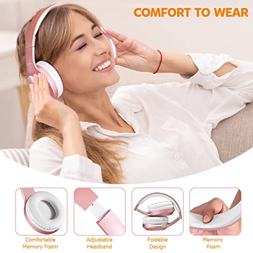 Rydohi Bluetooth Headphones Over Ear, 68H Playtime and 3 EQ Music Modes Wireless Headphones with Microphone/Deep Bass, HiFi Stereo Foldable Lightweight Headset for PC Home Travel Office (Rose Gold)