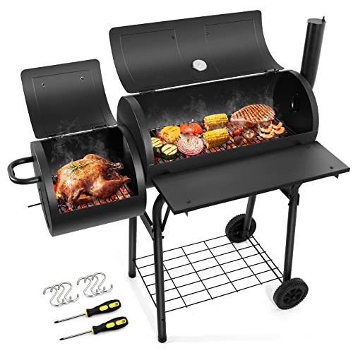 HaSteeL Outdoor BBQ Grill, Barrel Charcoal Grill with Offset Smoker, Camping Barbecue Grill for Patio Backyard Garden Picnic, Large 356.SQ.IN Cooking Area, 2 Screwdrivers & 6 Hooks (Black)