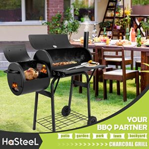 HaSteeL Outdoor BBQ Grill, Barrel Charcoal Grill with Offset Smoker, Camping Barbecue Grill for Patio Backyard Garden Picnic, Large 356.SQ.IN Cooking Area, 2 Screwdrivers & 6 Hooks (Black)