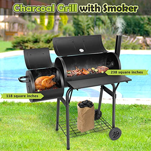 HaSteeL Outdoor BBQ Grill, Barrel Charcoal Grill with Offset Smoker, Camping Barbecue Grill for Patio Backyard Garden Picnic, Large 356.SQ.IN Cooking Area, 2 Screwdrivers & 6 Hooks (Black)