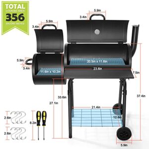 HaSteeL Outdoor BBQ Grill, Barrel Charcoal Grill with Offset Smoker, Camping Barbecue Grill for Patio Backyard Garden Picnic, Large 356.SQ.IN Cooking Area, 2 Screwdrivers & 6 Hooks (Black)