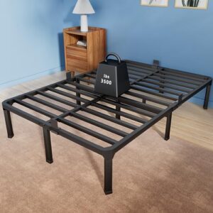 roil 14 inch full size bed frame with mattress slide stopper - double black basic anti squeak steel slats metal platform, heavy duty noise free easy assembly bedframes, no box spring needed