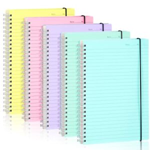 eoout 5 pack lined spiral notebook, 5.7" x 8.3" journal for women, thick plastic cover, 160 pages, 100gsm, back to school, office, artist writing/drawing (candy colors)