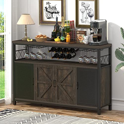 Aubtik Industrial Wine Bar Cabinet for Liquor and Glasses, Rustic Sideboard and Buffet with Wine Rack, Farmhouse Coffee Bar Cabinet with Storage (Walnut Brown)