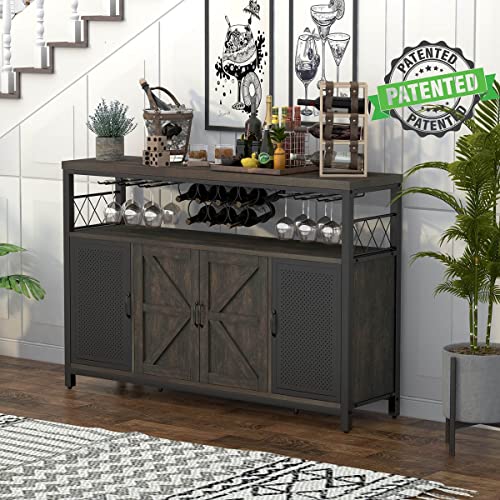 Aubtik Industrial Wine Bar Cabinet for Liquor and Glasses, Rustic Sideboard and Buffet with Wine Rack, Farmhouse Coffee Bar Cabinet with Storage (Walnut Brown)