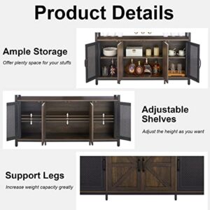 Aubtik Industrial Wine Bar Cabinet for Liquor and Glasses, Rustic Sideboard and Buffet with Wine Rack, Farmhouse Coffee Bar Cabinet with Storage (Walnut Brown)