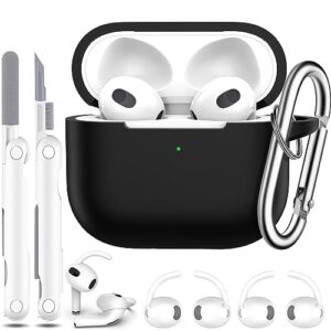 r-fun airpods 3rd generation case cover with cleaner kit and earbuds hook cover (2pairs),soft silicone protective case for apple airpods 3 2021- black