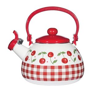 whistling tea kettle for stove top enamel on steel teakettle, supreme housewares cherry design teapot water kettle cute kitchen accessories teteras (2 quart, cherry)