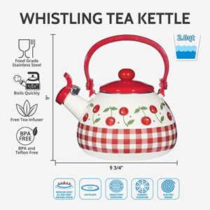 Whistling Tea Kettle for Stove Top Enamel on Steel Teakettle, Supreme Housewares Cherry Design Teapot Water Kettle Cute Kitchen Accessories Teteras (2 Quart, Cherry)