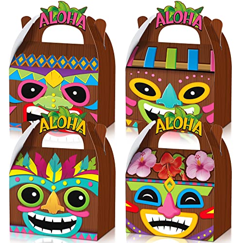 Glenmal 24 Pcs Hawaiian Aloha Party Boxes Tiki Luau Treat Boxes Goodie Candy Boxes Tropical Themed Boxes with Handles Summer Tiki Luau Treat Boxes for Aloha Hawaiian Luau Party Supplies (Luau)