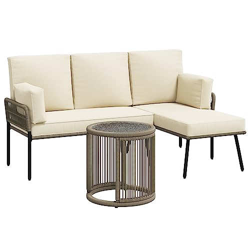 Green4ever Patio Furniture Set, Outdoor Sectional Furniture Sets with Woven Rope Accents and 4-Inch Cushions, L-Shaped Patio Conversation Sets with Detachable Lounger and Side Table