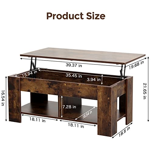 Lift Top Coffee Table with Storage, 2 Open Shelves and Hidden Compartment Lifting Center Table, Modern Wood Coffee Tables for Living Room Reception Room Office