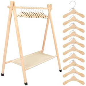 queekay kids clothes rack with 10 wooden clothes hanger dress up rack dress up storage child garment rack clothes organizer for doll kids toddler pet (medium)