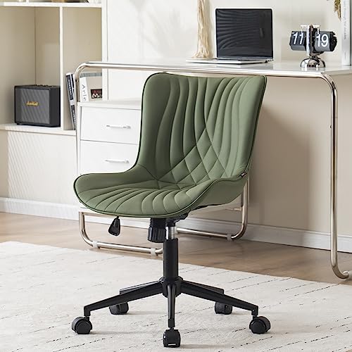 YOUNIKE Office Chair, Ergonomic Desk Chair with Wheels, Armless Home Office Computer Task Chairs, Modern Faux Leather Padded Vanity Chair, Adjustable Swivel Rocking Chair with Back, Dark Green