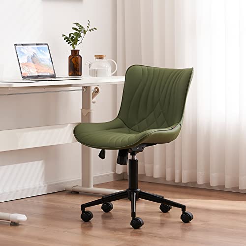 YOUNIKE Office Chair, Ergonomic Desk Chair with Wheels, Armless Home Office Computer Task Chairs, Modern Faux Leather Padded Vanity Chair, Adjustable Swivel Rocking Chair with Back, Dark Green