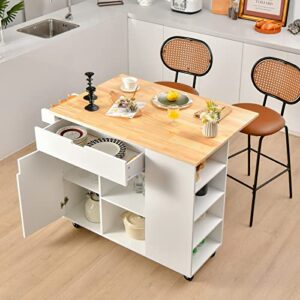 Giantex Kitchen Island Cart Drop-Leaf Countertop, Rubber Wood Breakfast Dining Table w/Large Drawer, Storage Shelves, 4-Tier Spice Rack, Rolling Serving Cart on 5 Wheels for Home Coffee Bar (White)