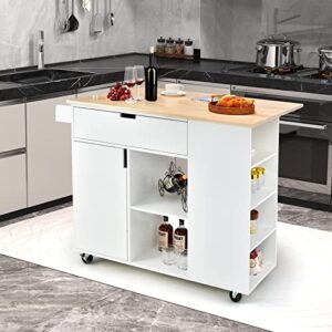 Giantex Kitchen Island Cart Drop-Leaf Countertop, Rubber Wood Breakfast Dining Table w/Large Drawer, Storage Shelves, 4-Tier Spice Rack, Rolling Serving Cart on 5 Wheels for Home Coffee Bar (White)