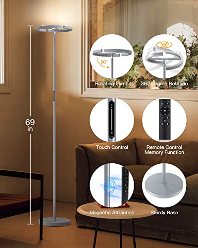 SIBRILLE Floor Lamps for Living Room, Modern Stepless Dimmable Standing Lamp with Remote Control, 20W 3000-6000K LED Rotatable Floor Light Uplighter Stand up Lamp Tall Lamp for Bedroom Office