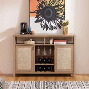 SICOTAS Coffee Bar Cabinet, 51" Rattan Sideboard Buffet Cabinet with Storage, Boho Farmhouse Liquor Cabinet with Wine Racks Credenza Console Buffet Table for Home Living Dining Room Entryway, Natural