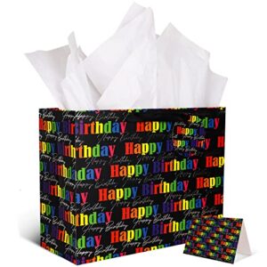 popgiftu 16.5" birthday extra large gift bag, black birthday gift bag with colorful happy birthday printed, birthday party bag with tissue paper, tag, greeting card for birthday, 1 pack